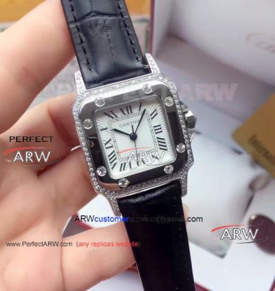 Perfect Replica Cartier Santos Black Leather Strap Watch 32mm